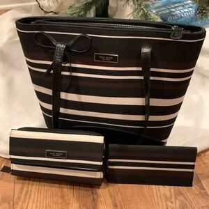 Kate Spade Black and Brown Striped Tote Set